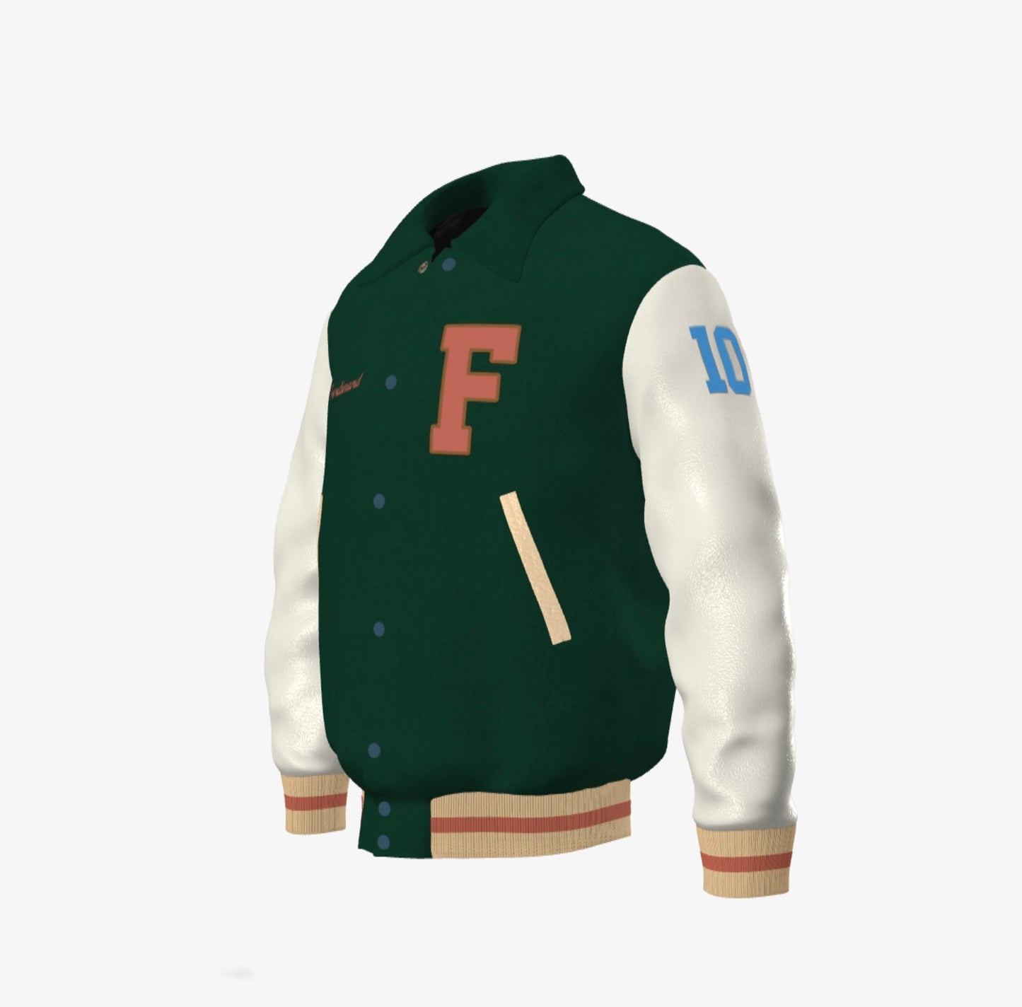 Ferdinand Varsity Jacket in Cream and Green, Signature, Number