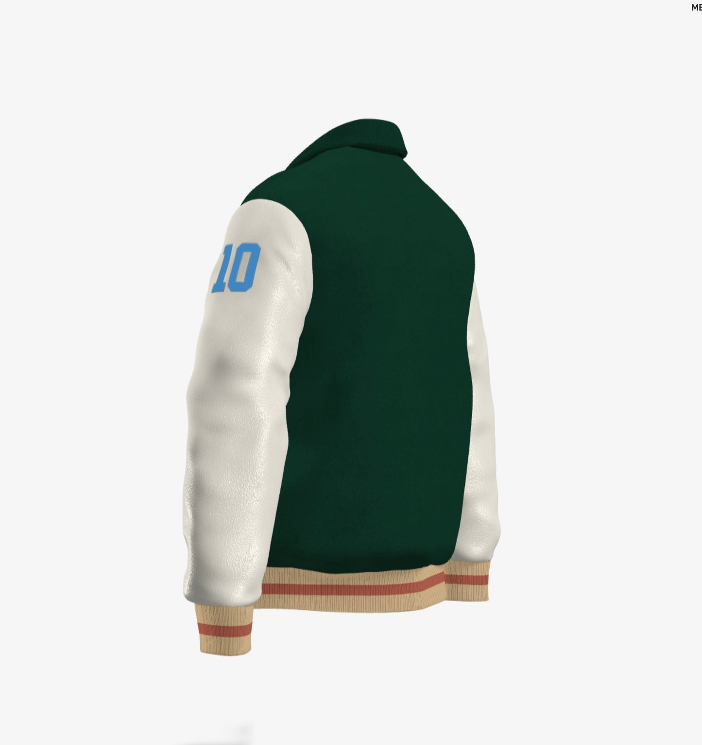 Ferdinand Varsity Jacket in Cream and Green, Signature, Number