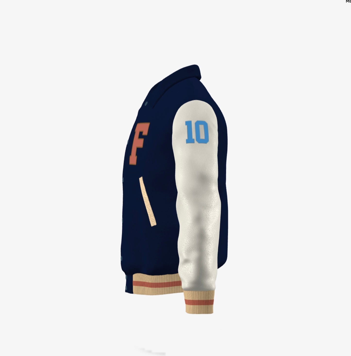 Ferdinand Varsity Jacket in Cream and Blue, Signature, Number