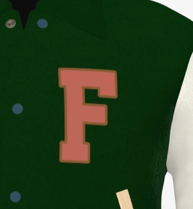 Ferdinand Varsity Jacket in Cream and Green, Signature, Number