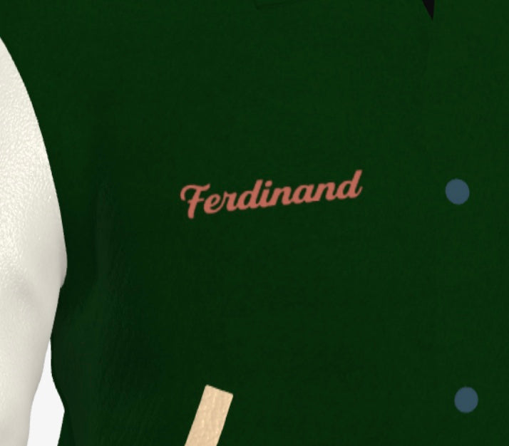 Ferdinand Varsity Jacket in Cream and Green, Signature, Number
