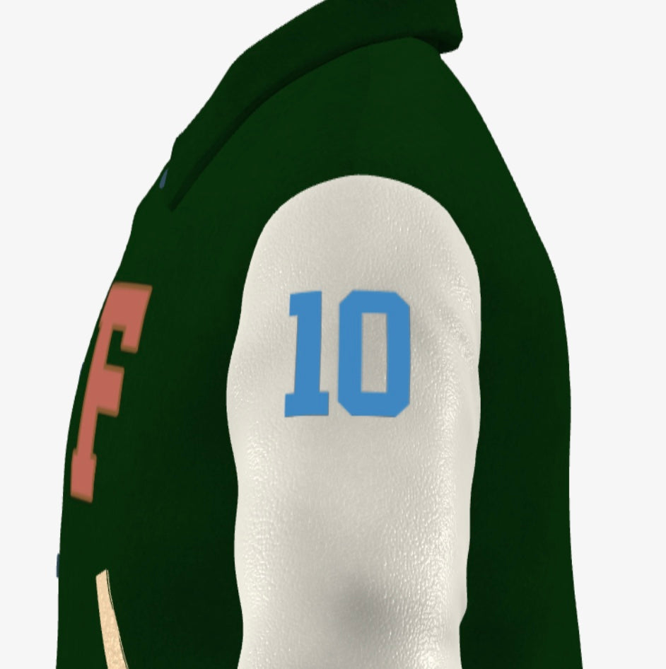 Ferdinand Varsity Jacket in Cream and Green, Signature, Number