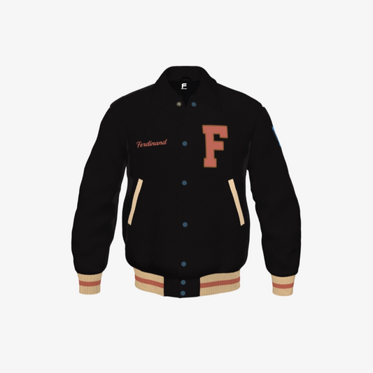 Ferdinand Varsity Jacket in Black on Black (Wool), Signature, Number