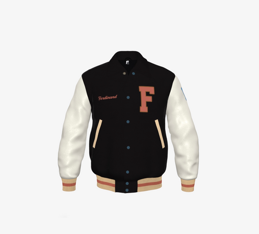 Ferdinand Varsity Jacket in Cream and Black, Signature, Number
