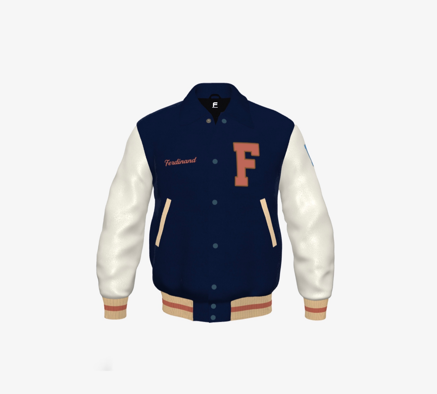 Ferdinand Varsity Jacket in Cream and Blue, Signature, Number