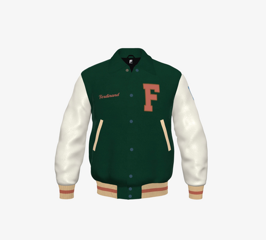 Ferdinand Varsity Jacket in Cream and Green, Signature, Number