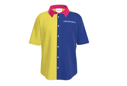 Mens Short Sleeve Active Button Down Blue Yellow on Pink