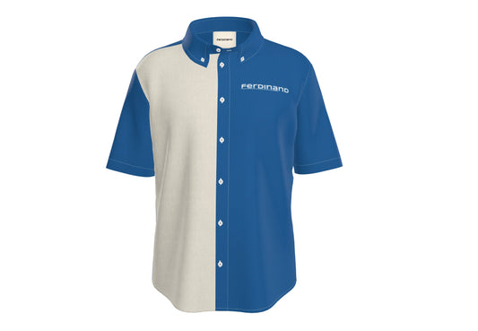 Mens Short Sleeve Active Button Down, Cream on Blue with Button Down Collar