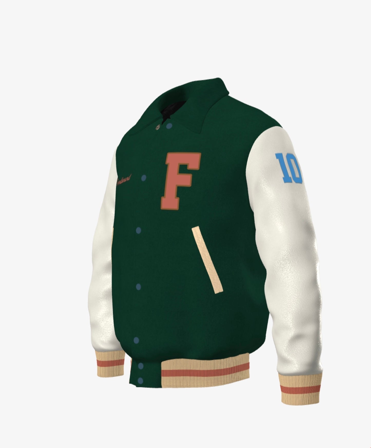 Ferdinand Varsity Jacket in Cream and Green, Signature, Number