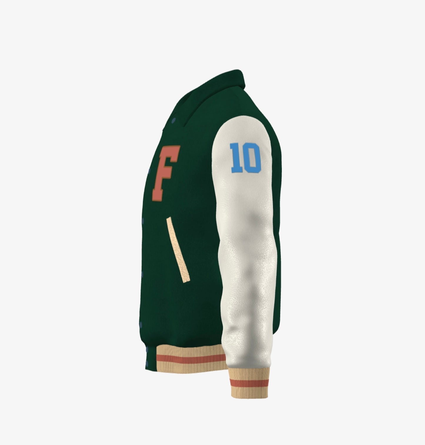 Ferdinand Varsity Jacket in Cream and Green, Signature, Number