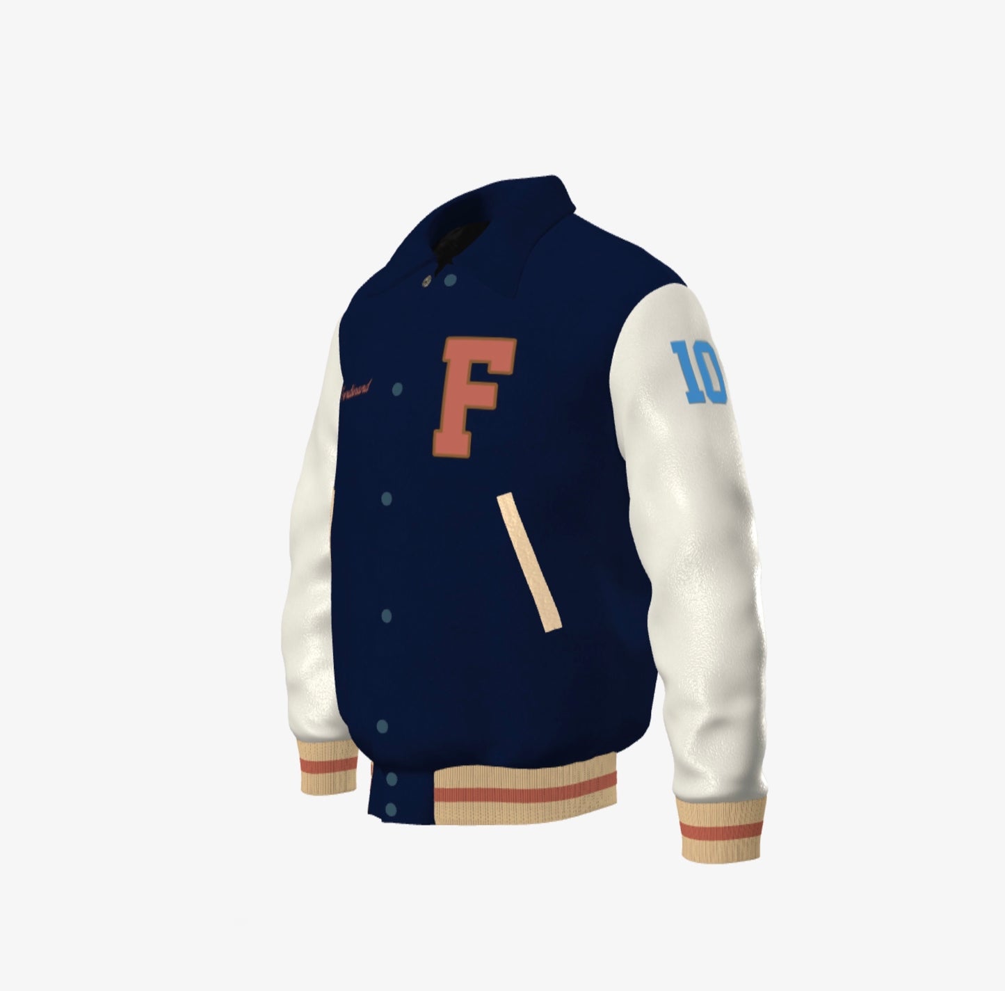 Ferdinand Varsity Jacket in Cream and Blue, Signature, Number