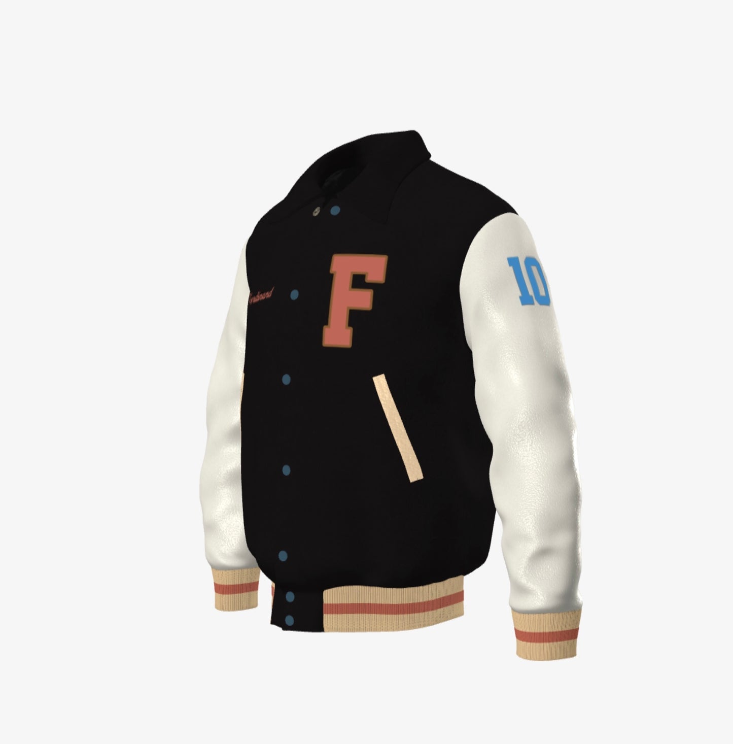 Ferdinand Varsity Jacket in Cream and Black, Signature, Number