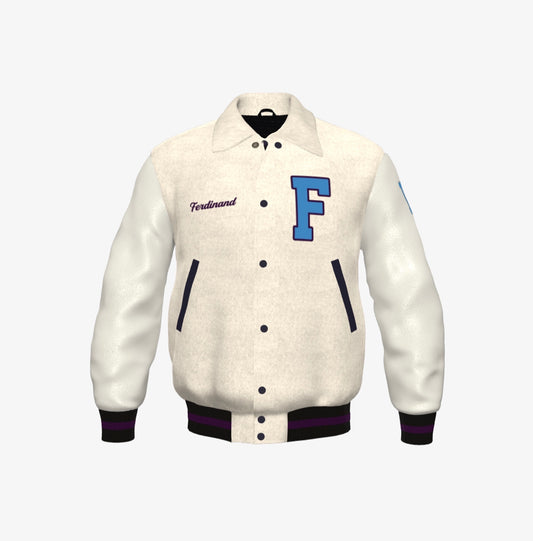 Ferdinand Varsity Jacket in White, Cream Blue and Purple - Snow Drift