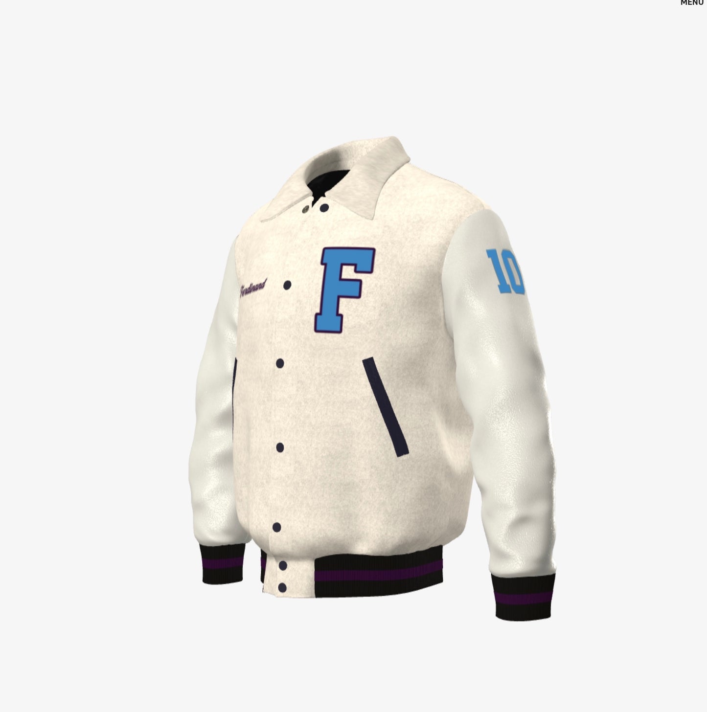 Ferdinand Varsity Jacket in White, Cream Blue and Purple - Snow Drift